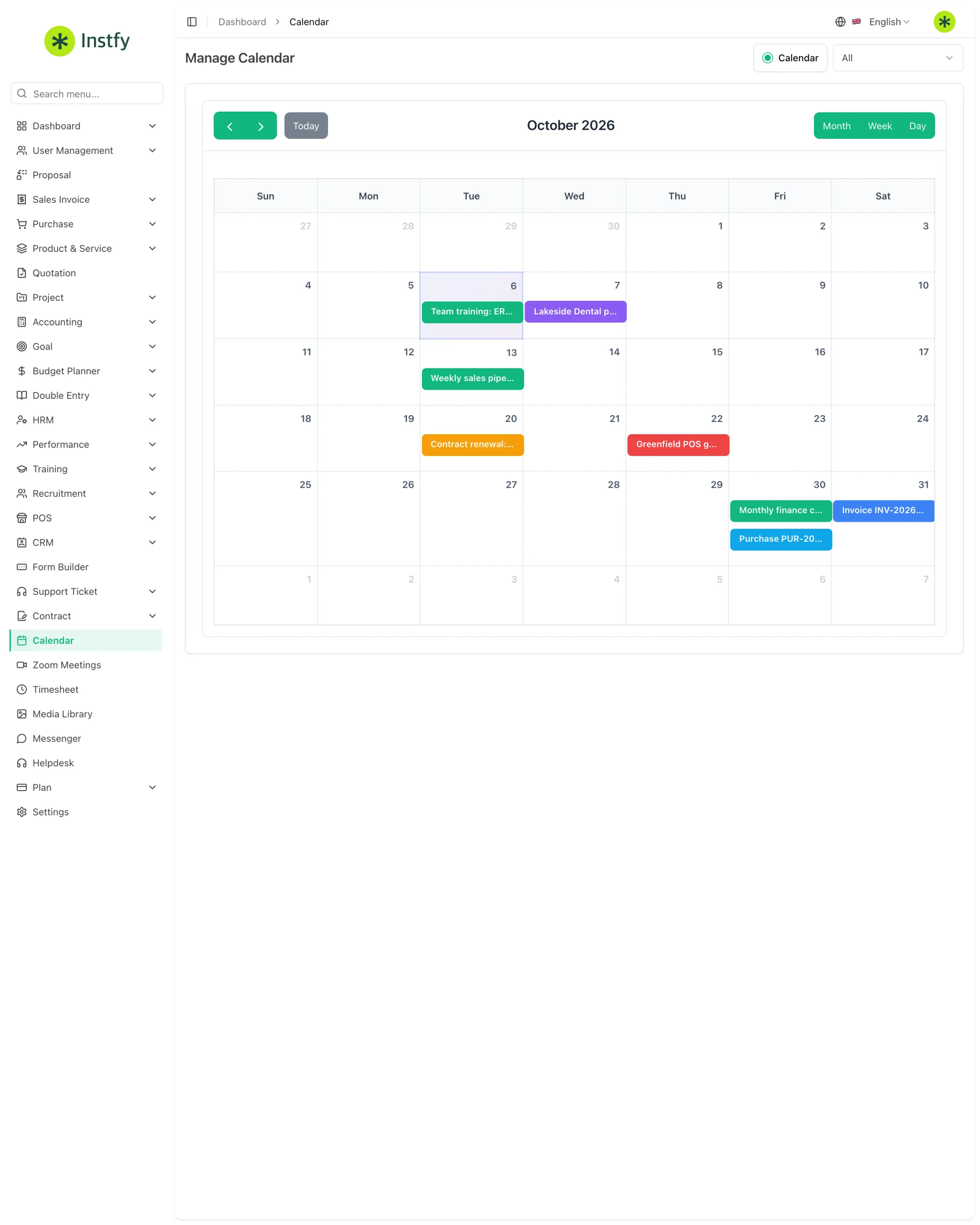 Calendário do ERP Instfy na visão mensal com faturas, reuniões, contratos e feriados