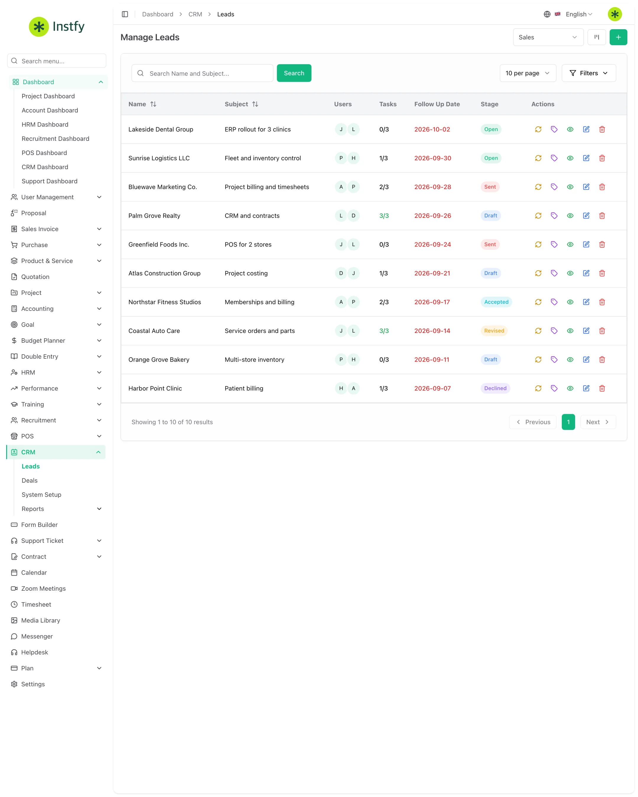Lista de leads do CRM com assunto, responsáveis, tarefas, data de follow-up e etapa