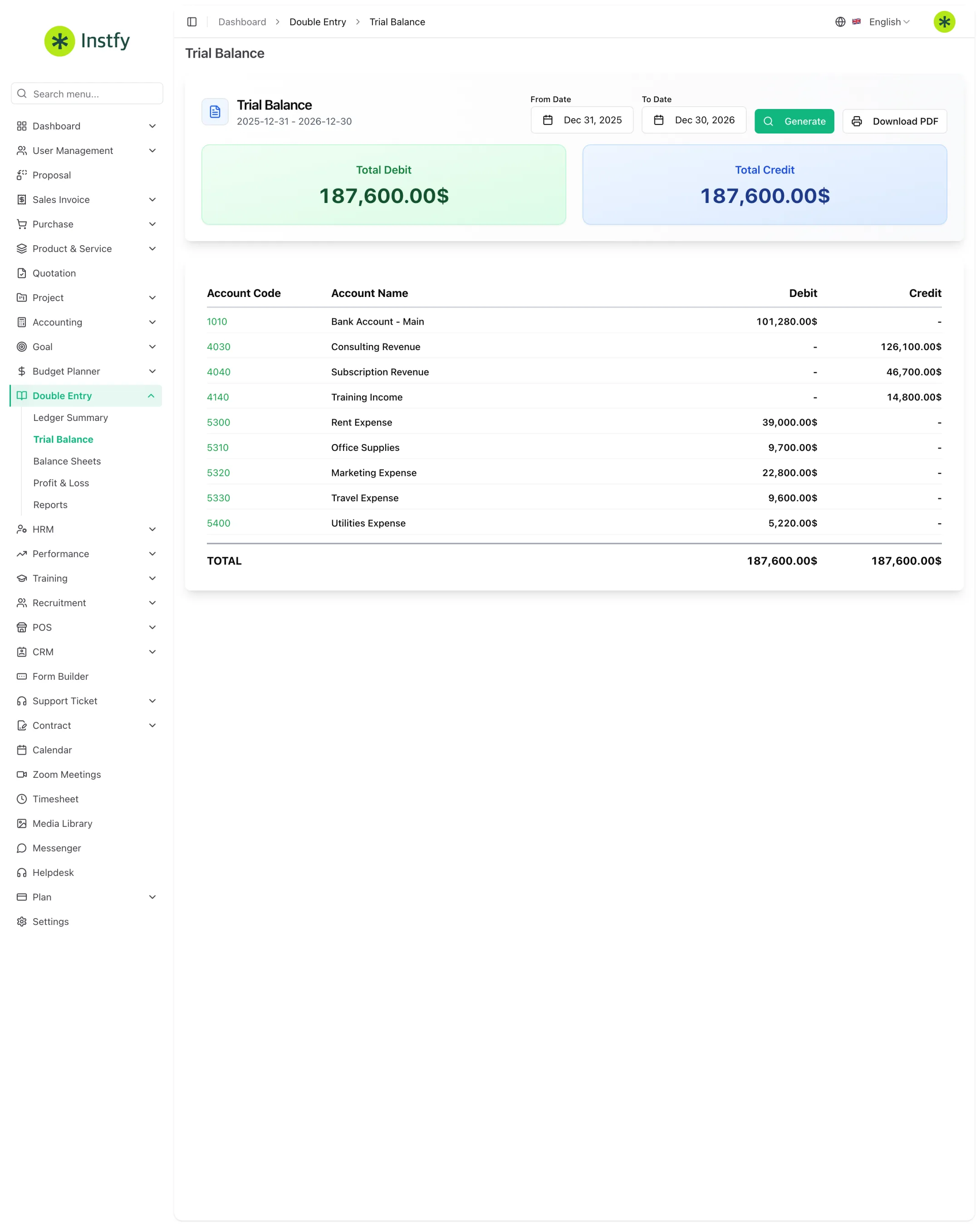 Balancete (Trial Balance) com contas, débitos e créditos no ERP Instfy