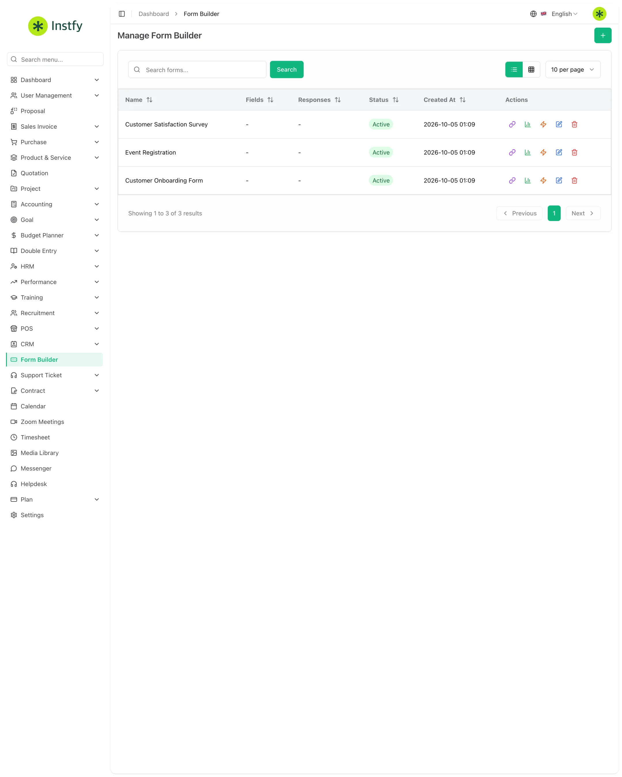 Lista de formulários do Form Builder com status, respostas e ações