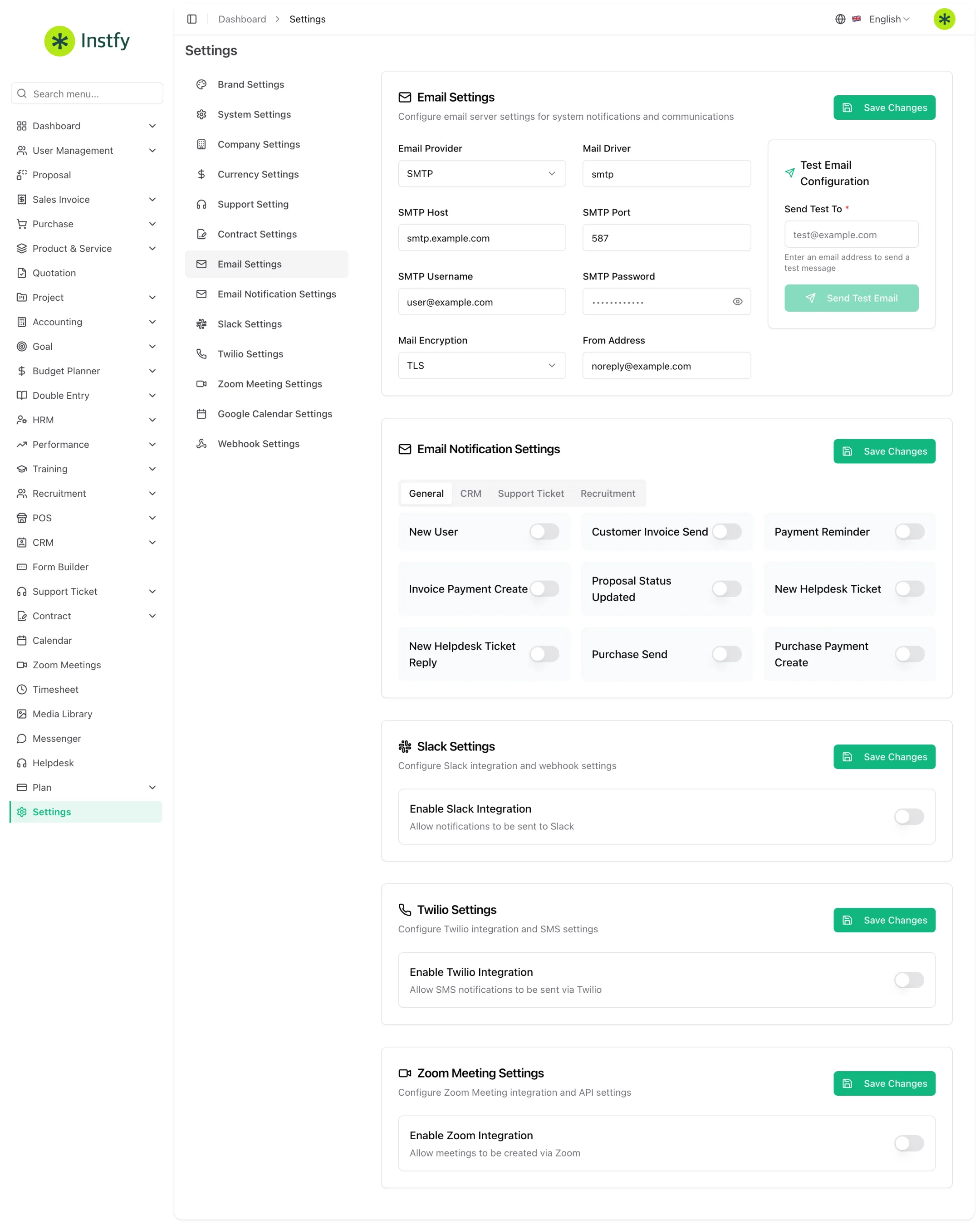 Aba de notificações por e-mail em Settings, onde ficam também Slack, Twilio, Zoom e Google Calendar