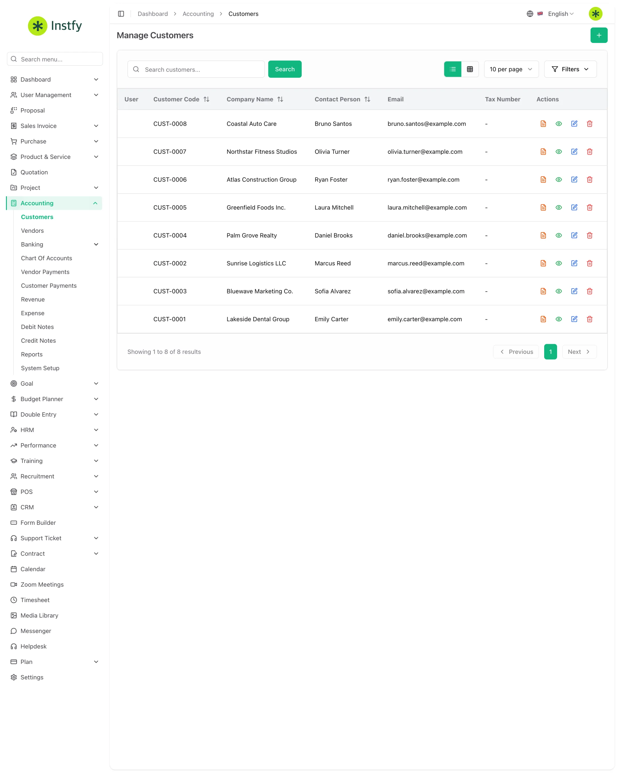 Tela do ERP Instfy com barra superior, menu lateral à esquerda e a lista de clientes ao centro