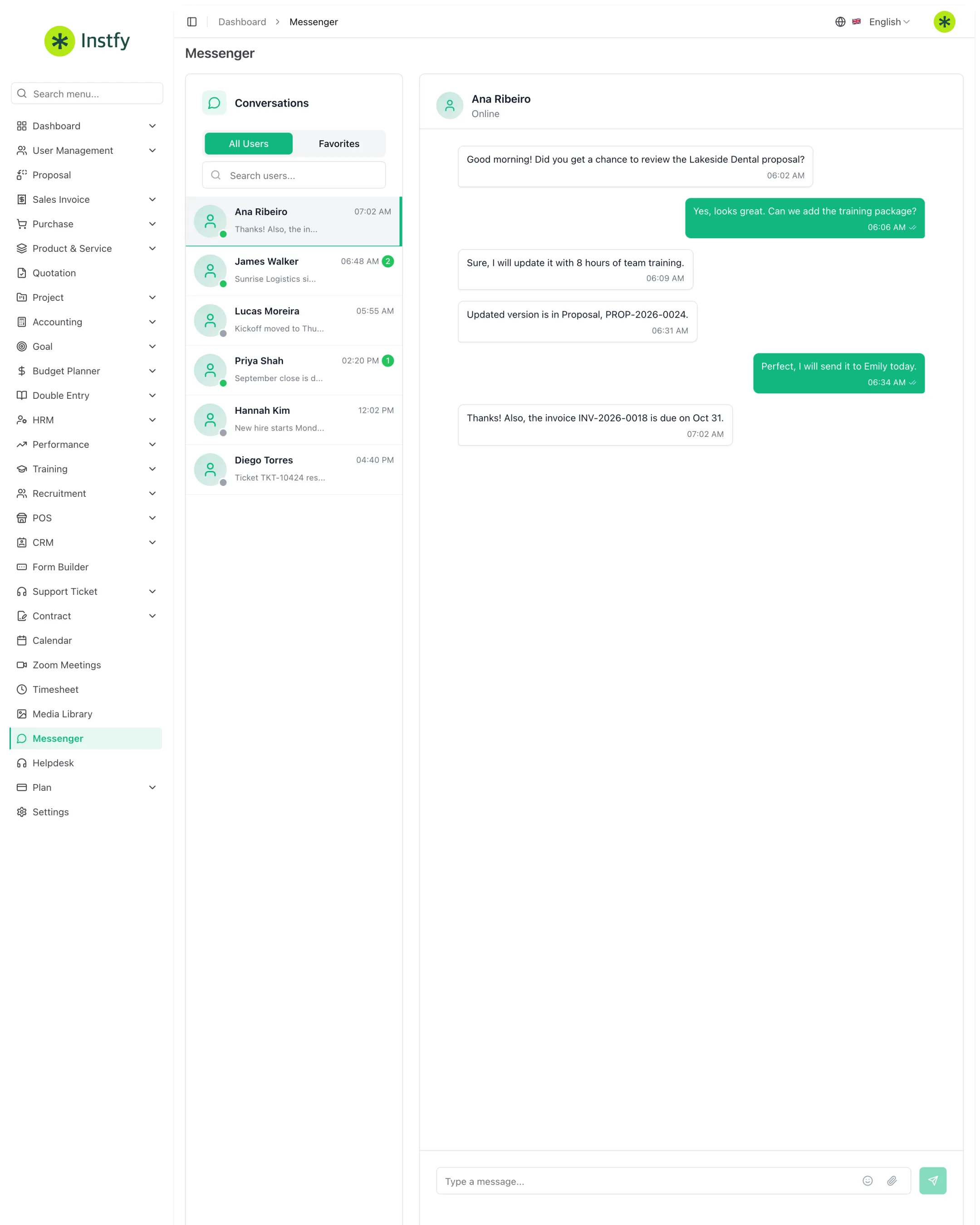 Tela do Messenger com a lista de conversas e uma conversa aberta