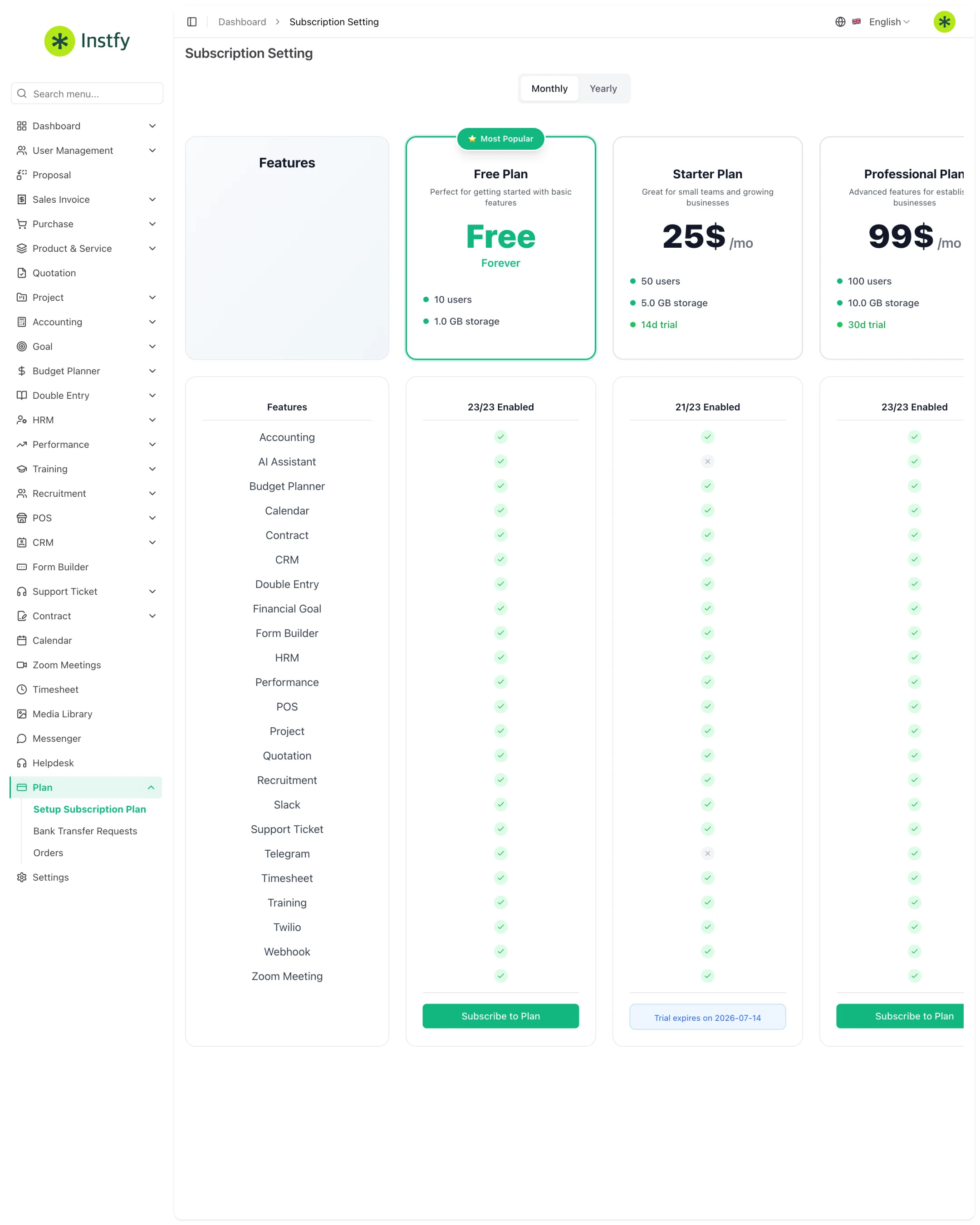 Tela Plan > Setup Subscription Plan com os planos e os módulos de cada um