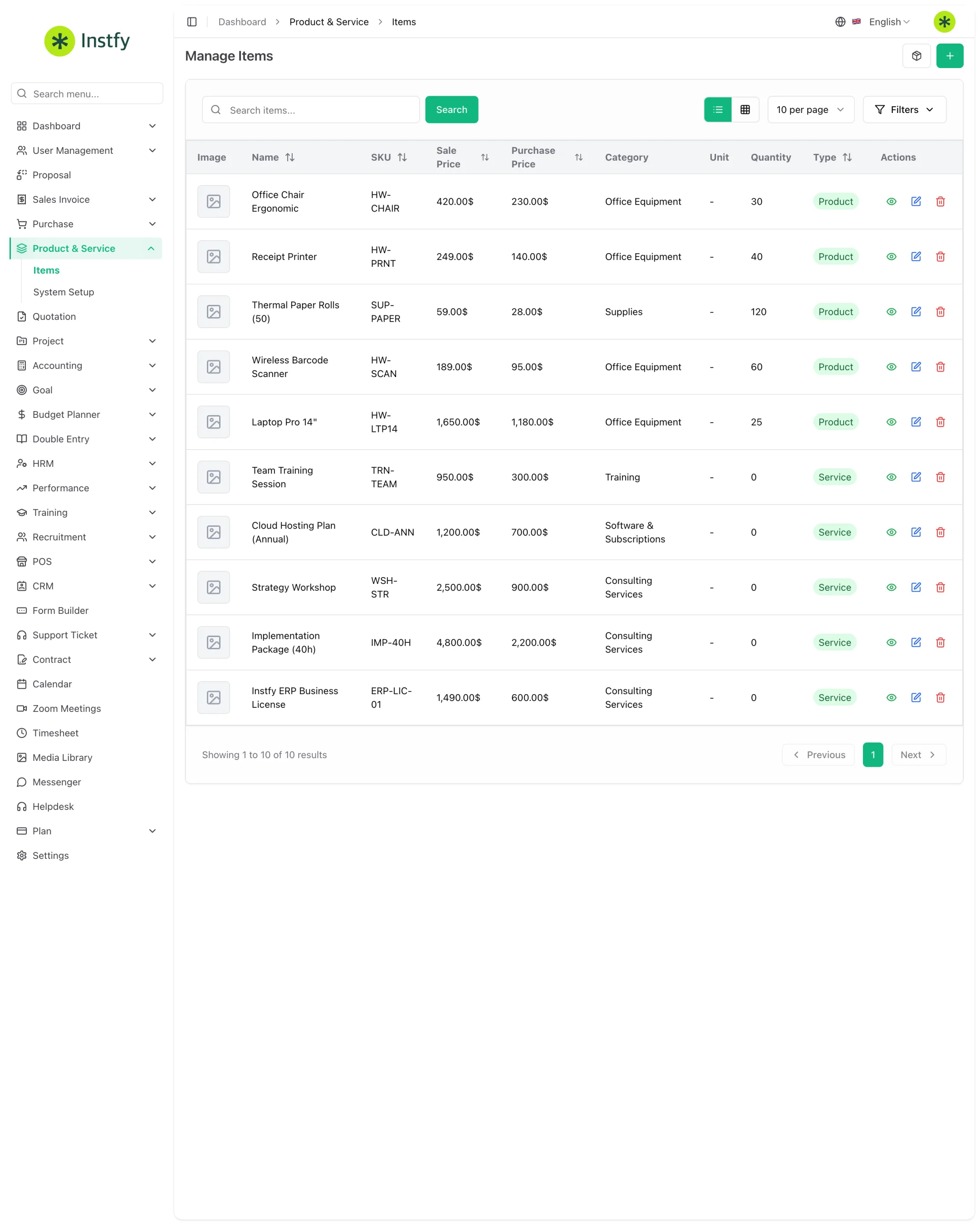 Lista de itens em Product & Service com SKU, preços, categoria, tipo e estoque