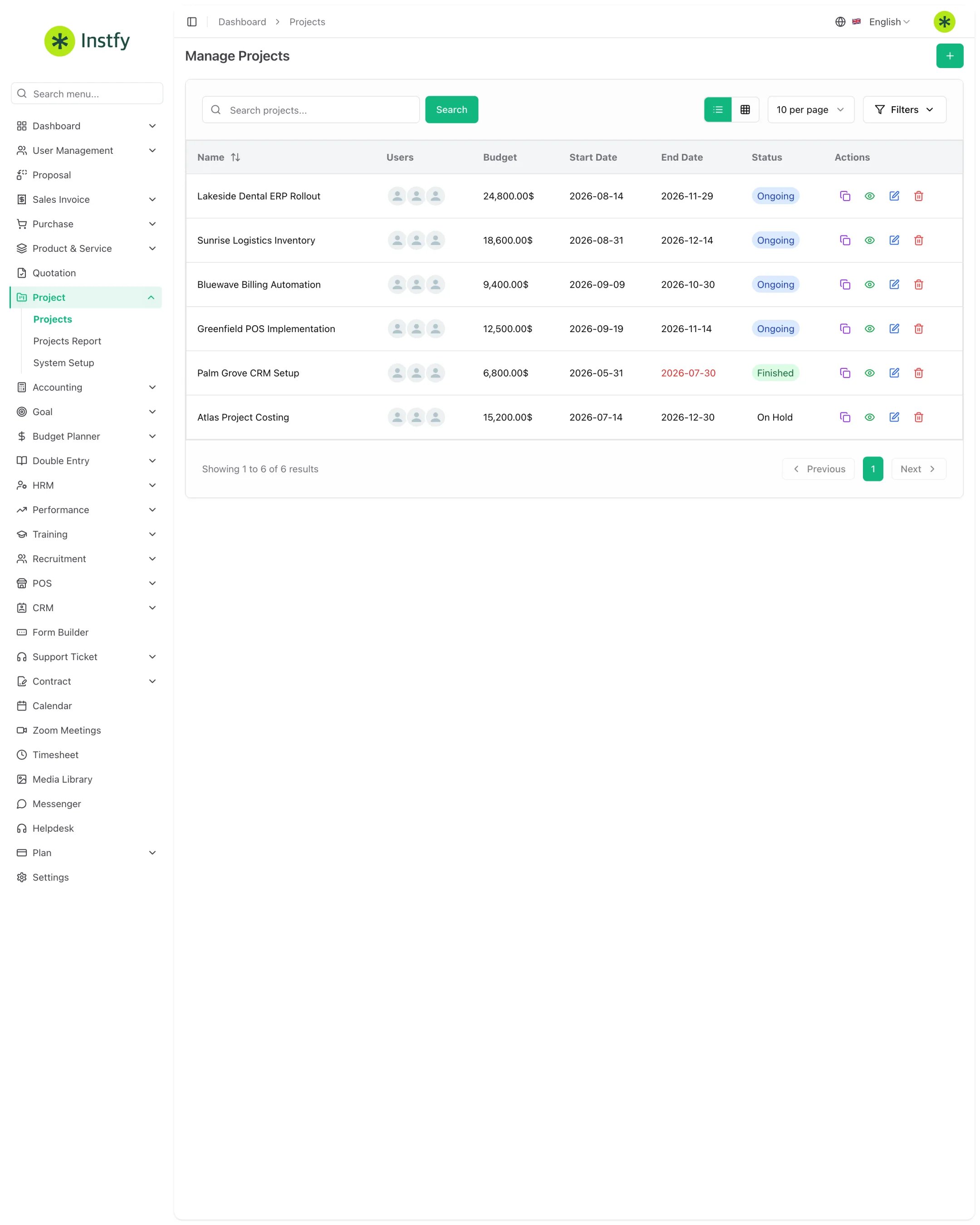 Lista de projetos com equipe, orçamento, datas e status no ERP Instfy