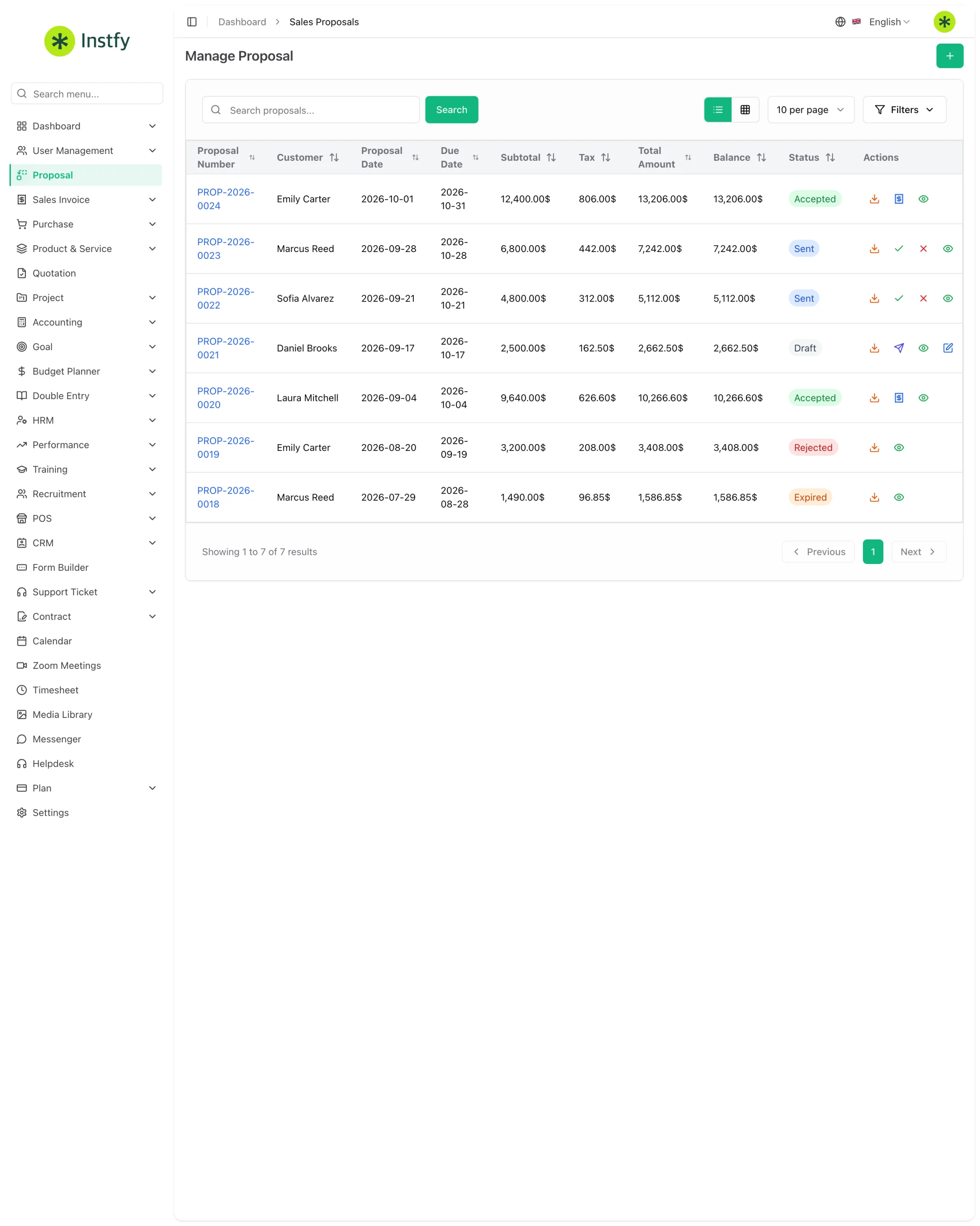 Lista de propostas com número, cliente, datas, valores e status no ERP Instfy