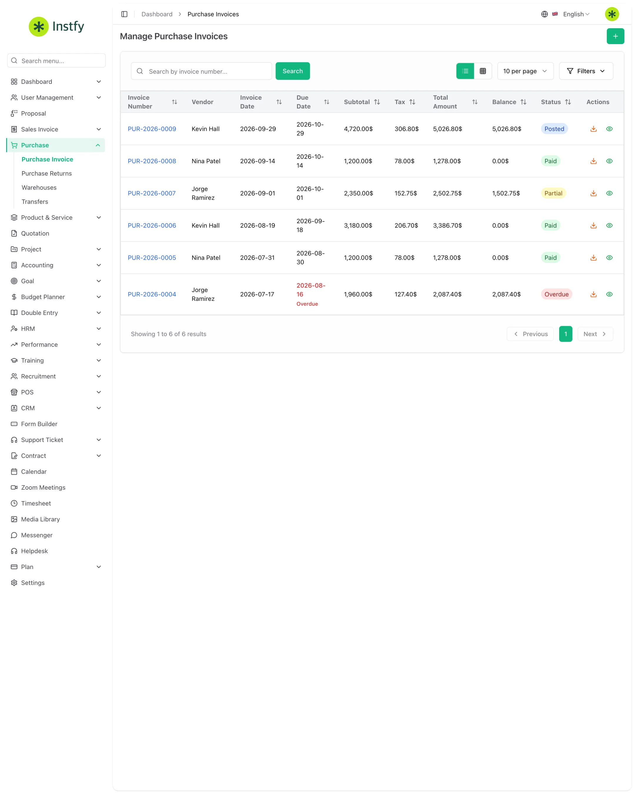 Lista de faturas de compra com fornecedor, vencimento, valor, saldo e status no ERP Instfy