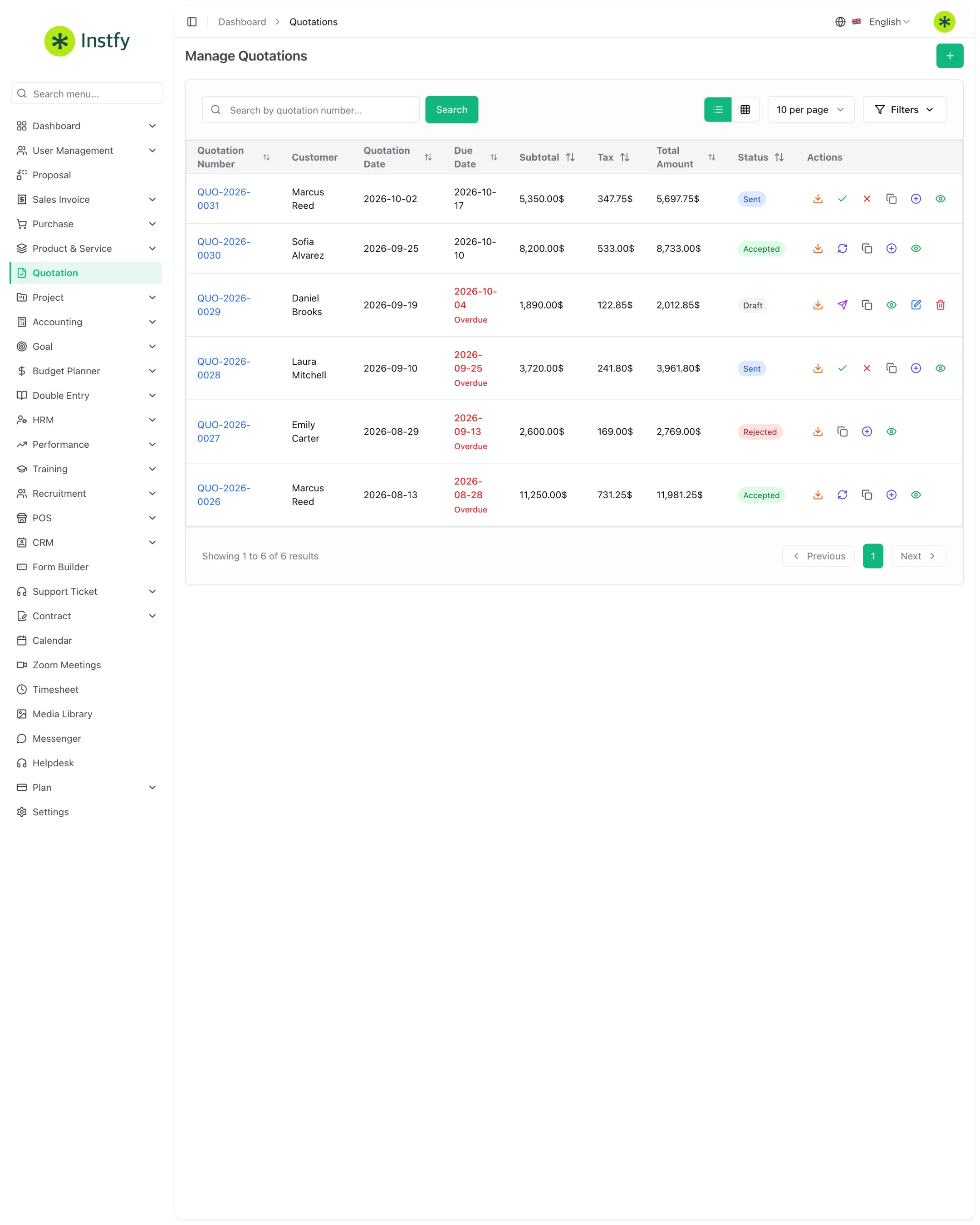 Lista de cotações com cliente, data, vencimento, valores e status no ERP Instfy