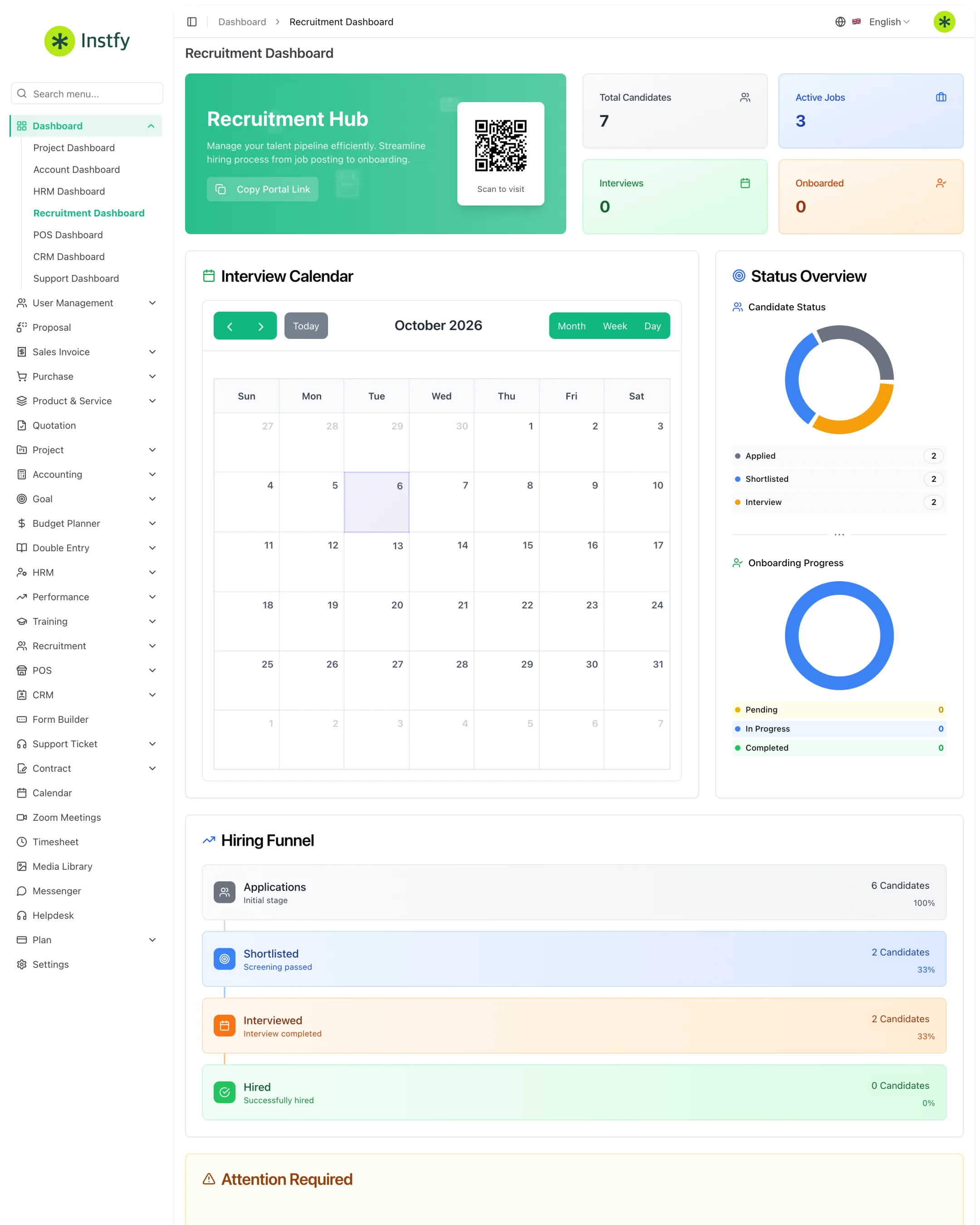 Recruitment Dashboard com vagas, candidatos, calendário de entrevistas e funil de contratação