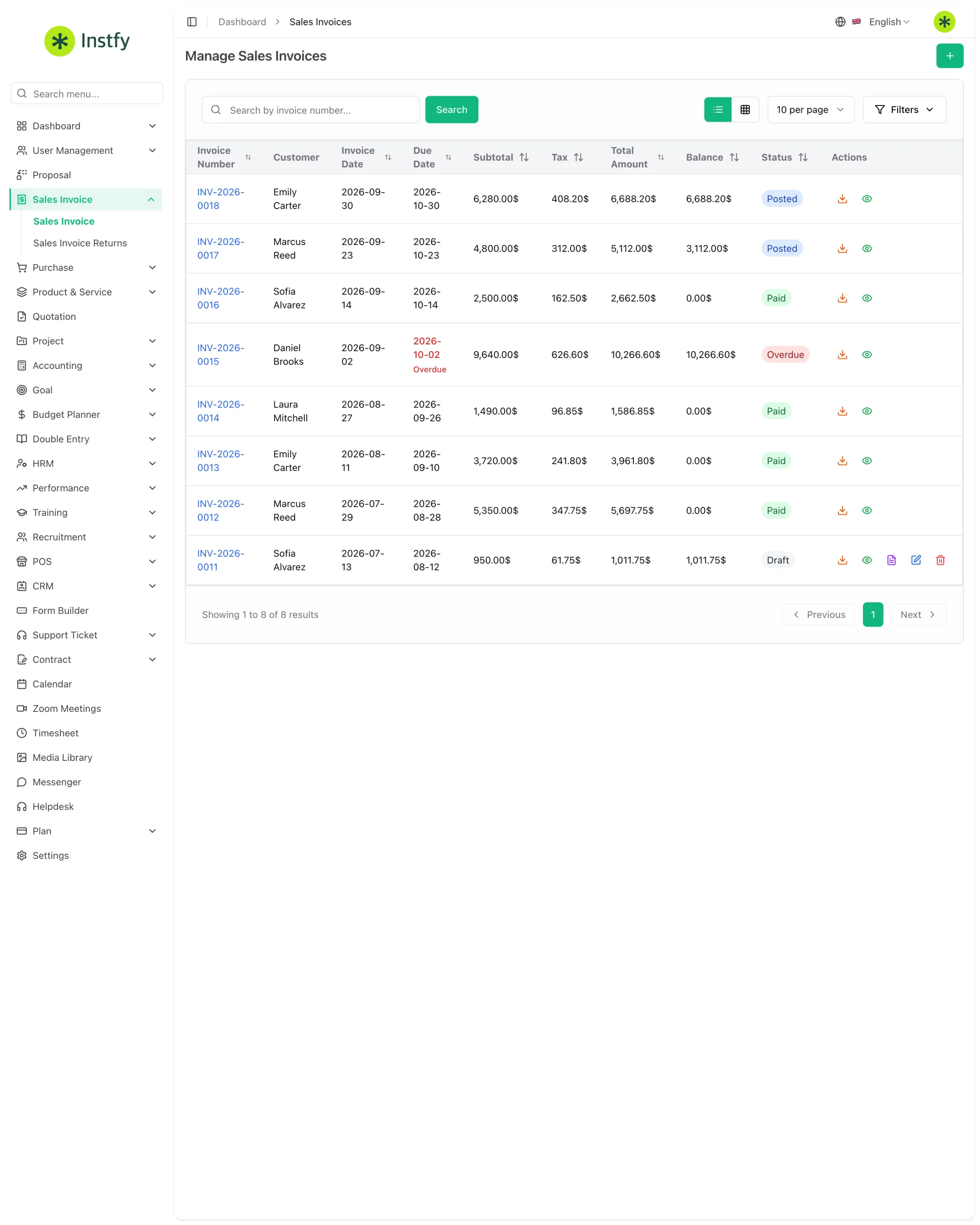 Lista de faturas de venda com cliente, vencimento, valor, saldo e status no ERP Instfy