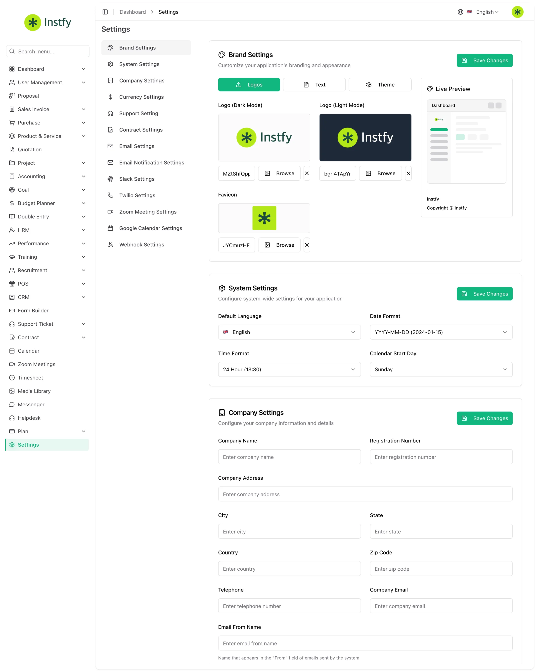 Tela de Settings com as abas de configuração à esquerda e os botões Save Changes