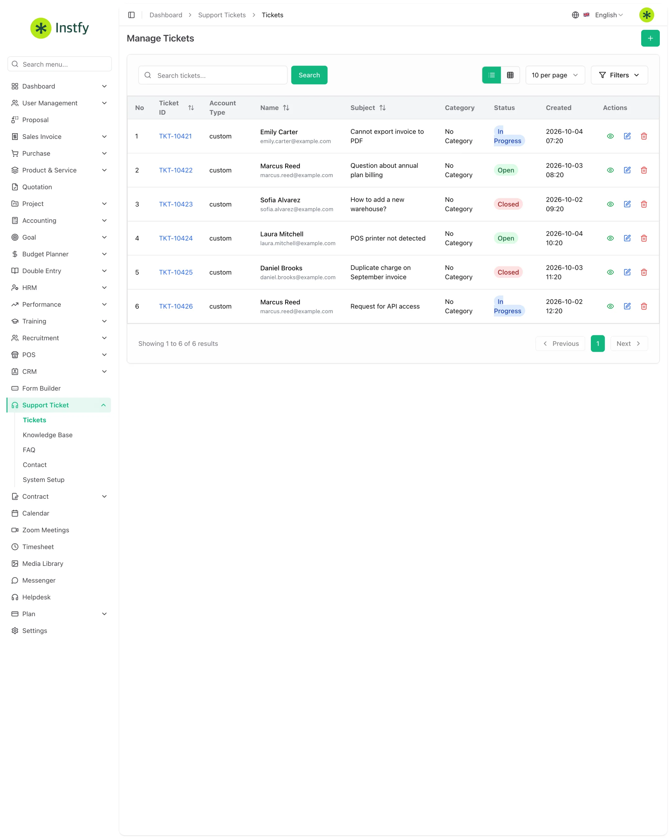 Lista de chamados no módulo Support Ticket com cliente, assunto, categoria e status