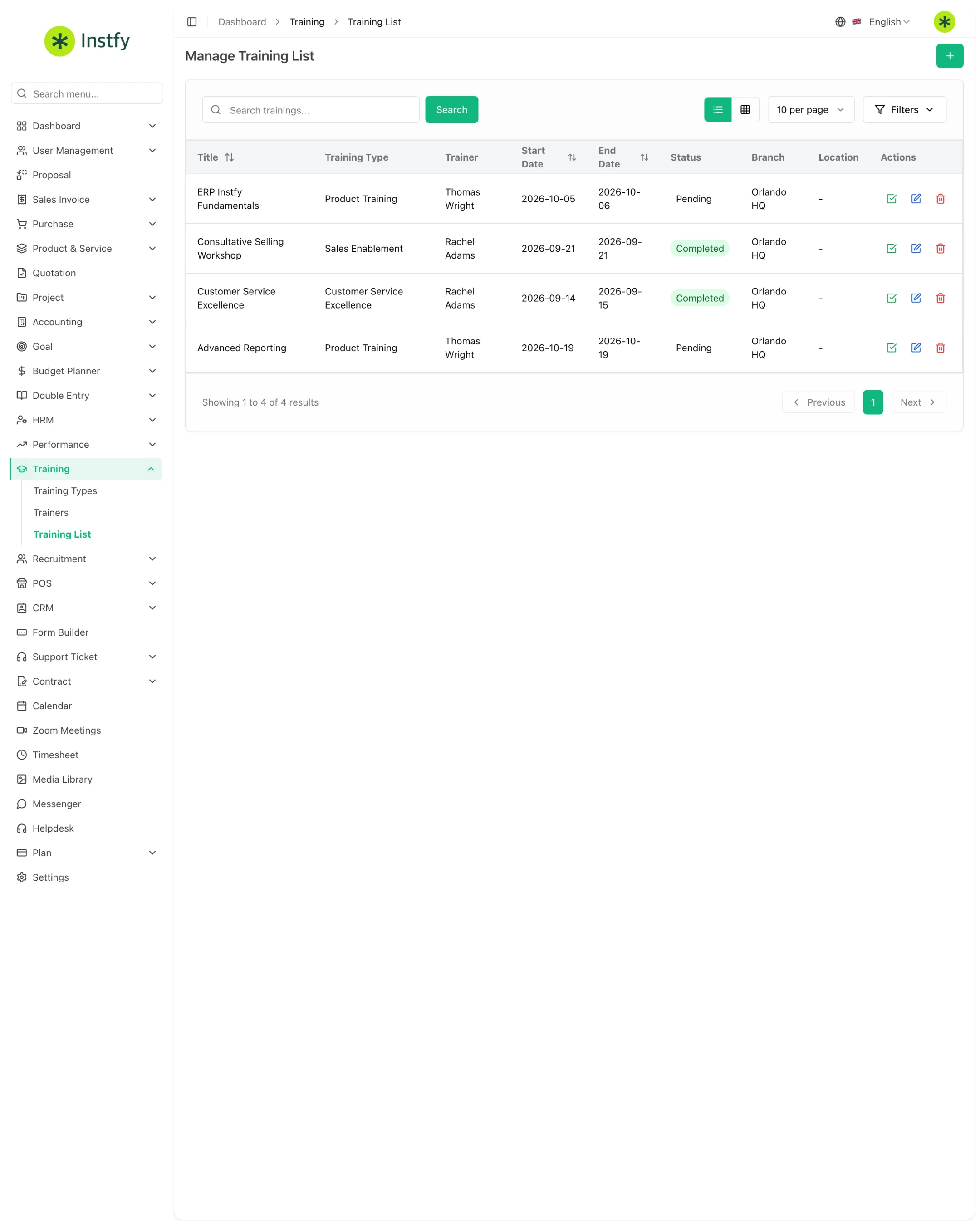 Lista de treinamentos com tipo, instrutor, datas, status e filial no módulo Training