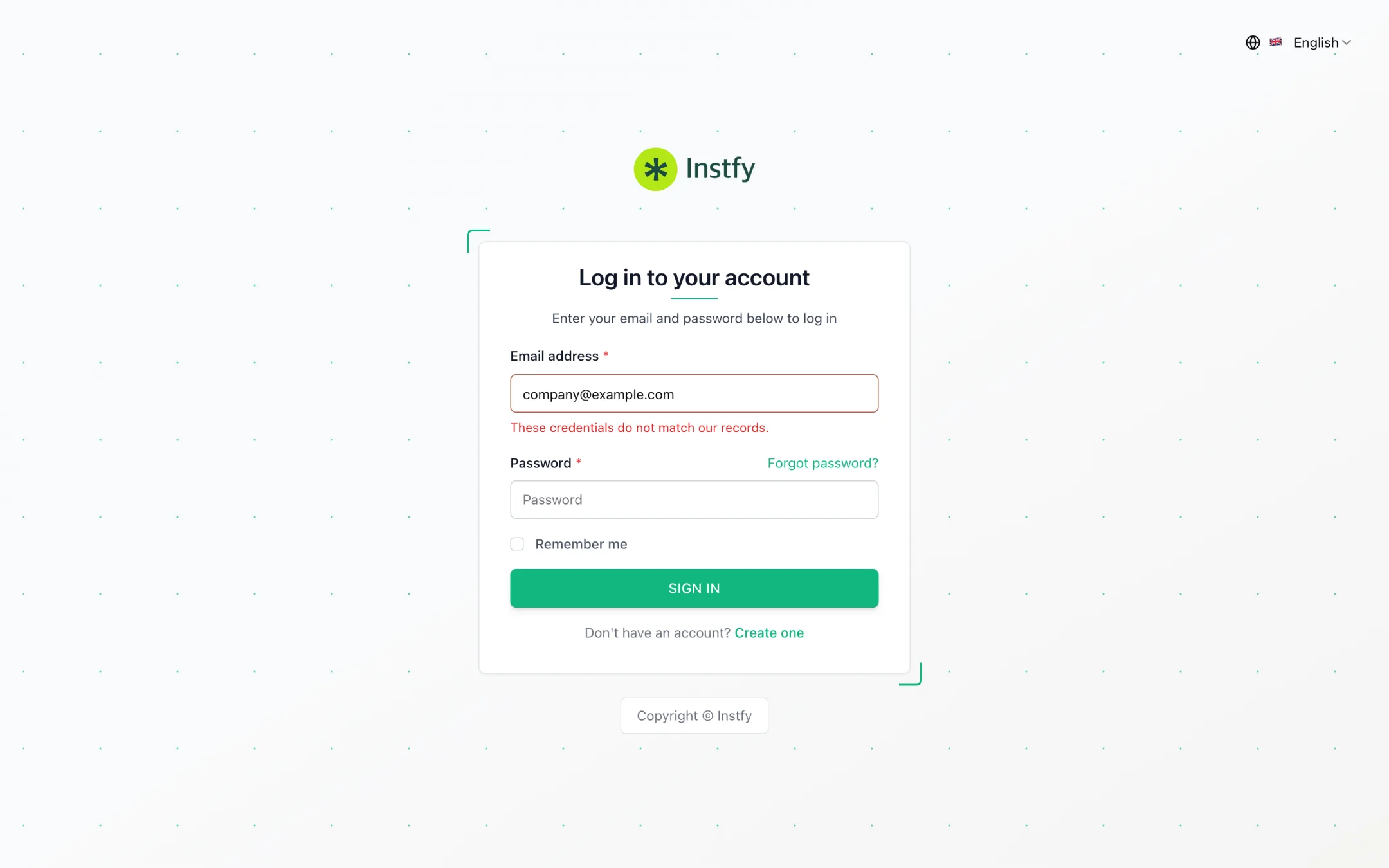 Mensagem de erro na tela de login do ERP Instfy quando o e-mail ou a senha não conferem