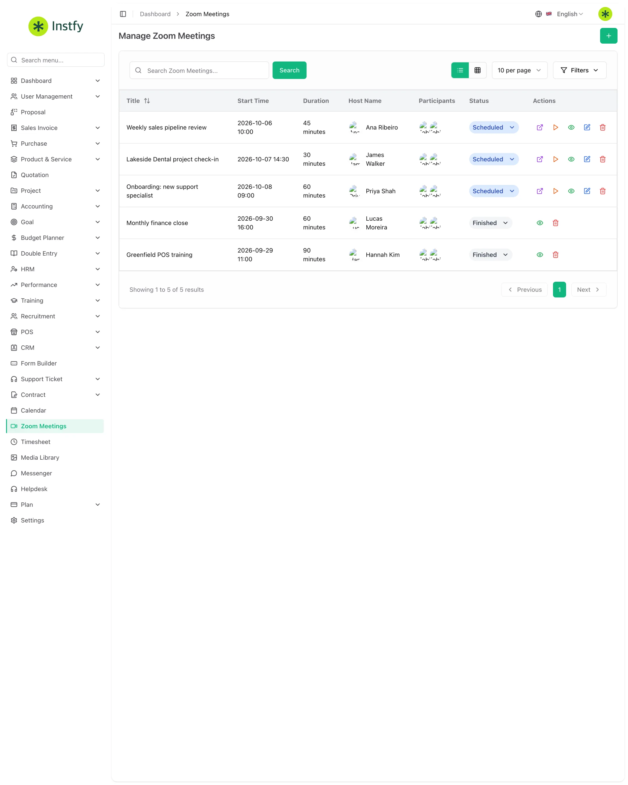 Lista de reuniões no módulo Zoom Meetings com data, duração, anfitrião, participantes e status