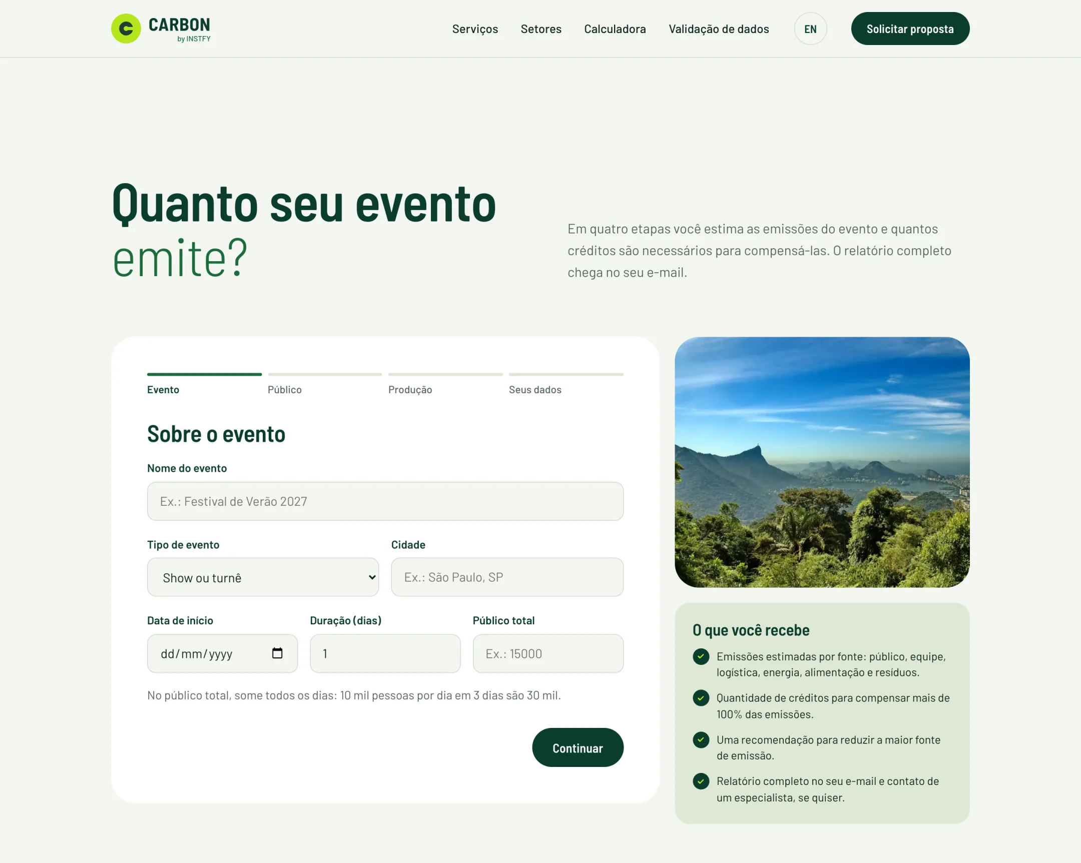 Calculadora de emissões de eventos do Carbon, com os dados do evento e o que você recebe