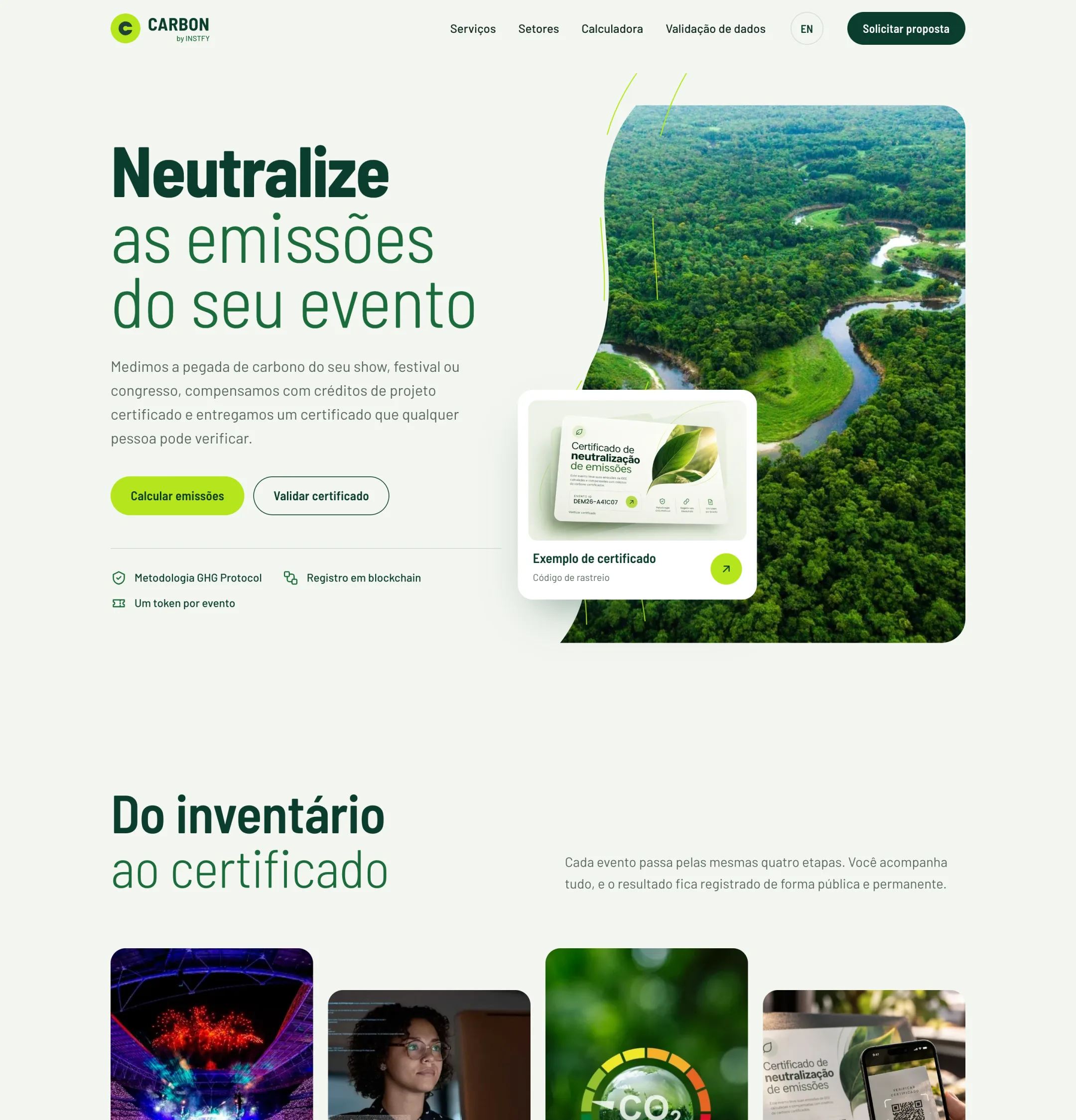 Página inicial do Carbon com a chamada para neutralizar as emissões de eventos