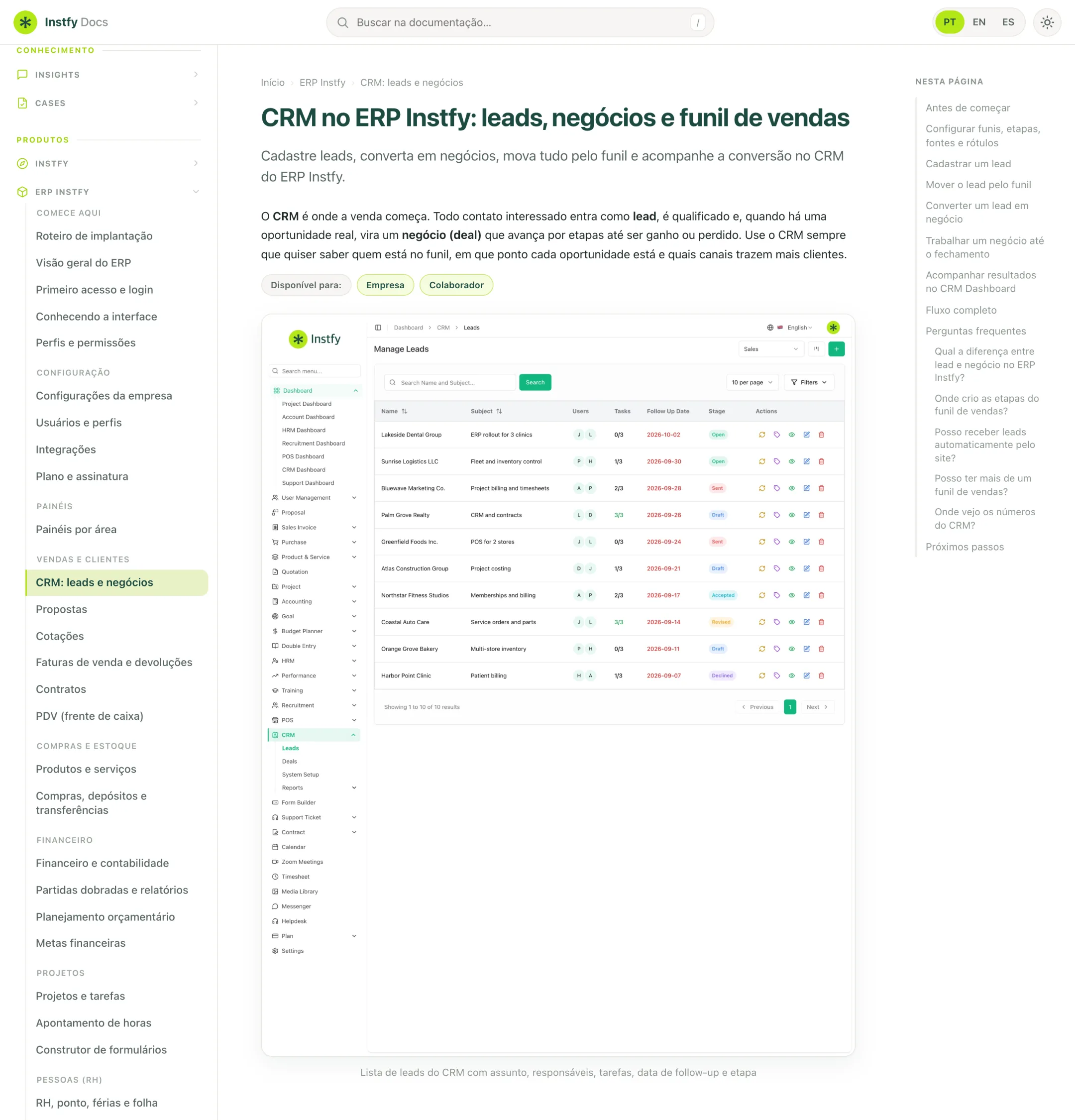 Página do Instfy Docs com menu lateral, busca e índice da página